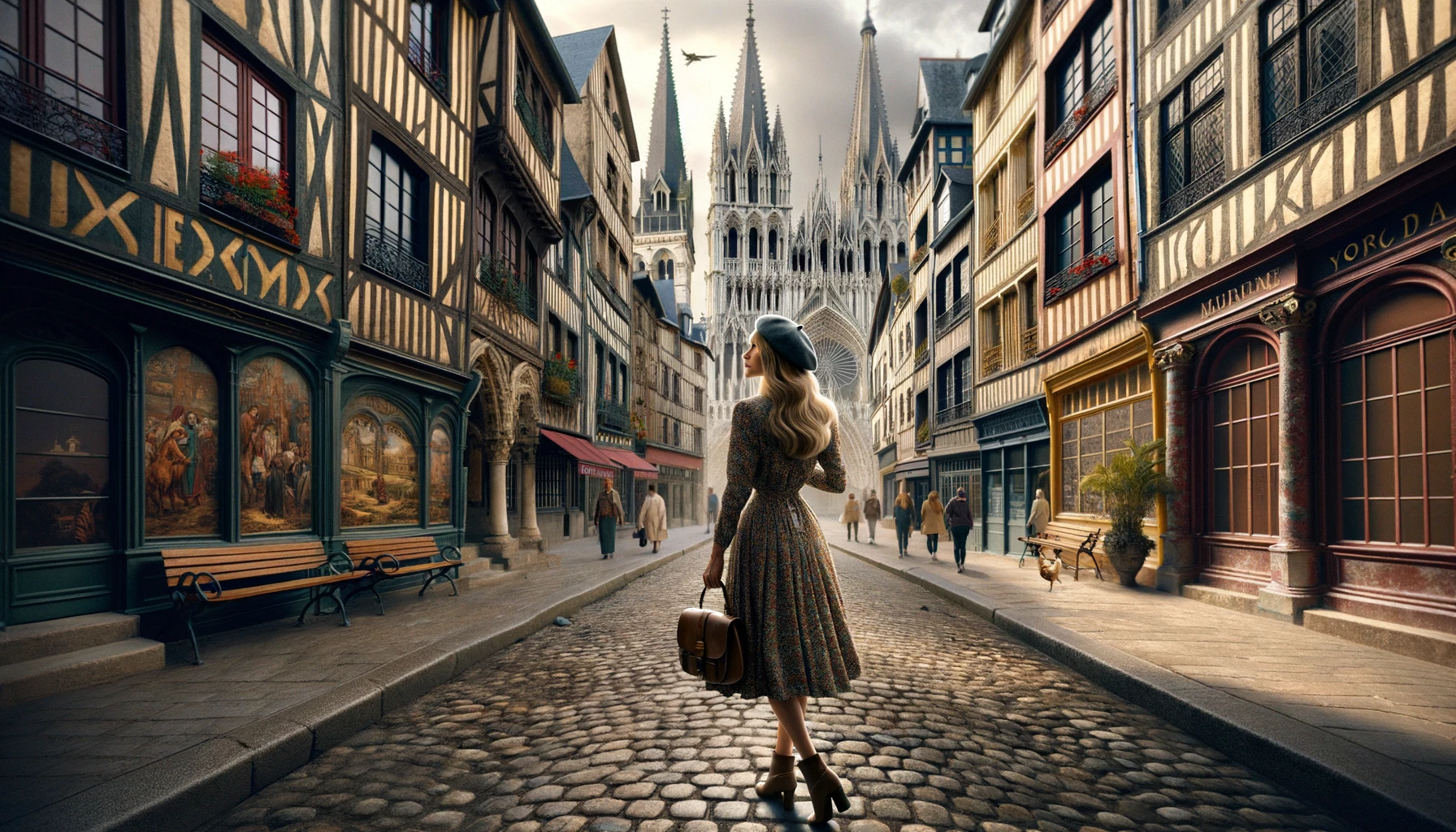  photo-realistic scene of Kathy Fields exploring the medieval splendor of Rouen. 