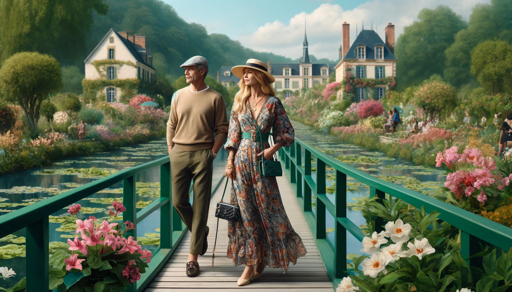 scene of Doug and Kathy Fields in the picturesque village of Giverny, exploring Monet's beloved garden and home