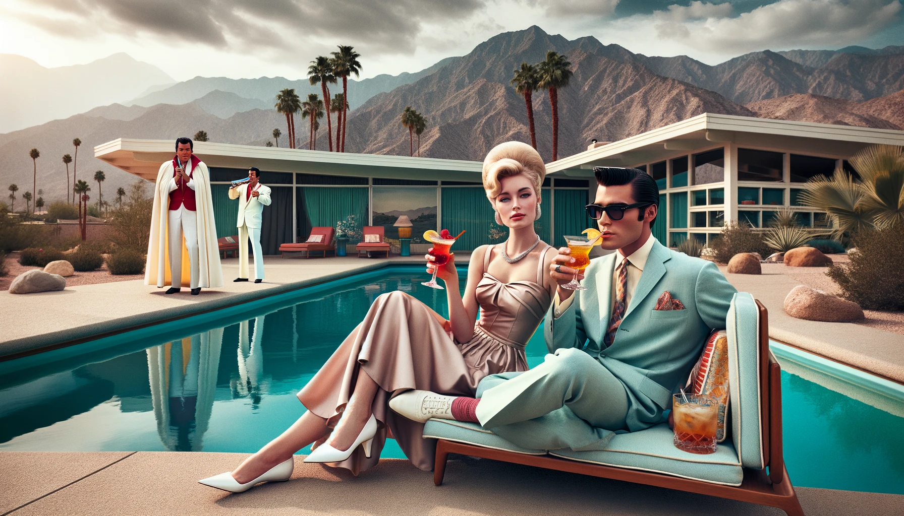  a stylish couple, reminiscent of Doris Day and Rock Hudson, lounging by a mid-century modern pool, with Elvis