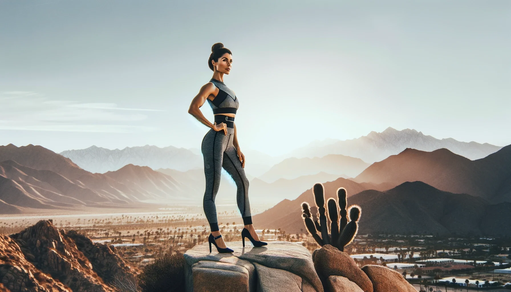 A woman in a stylish leisure outfit and high heels, standing atop a scenic overlook with the Palm Desert mountains in the background, looking refreshed and empowered