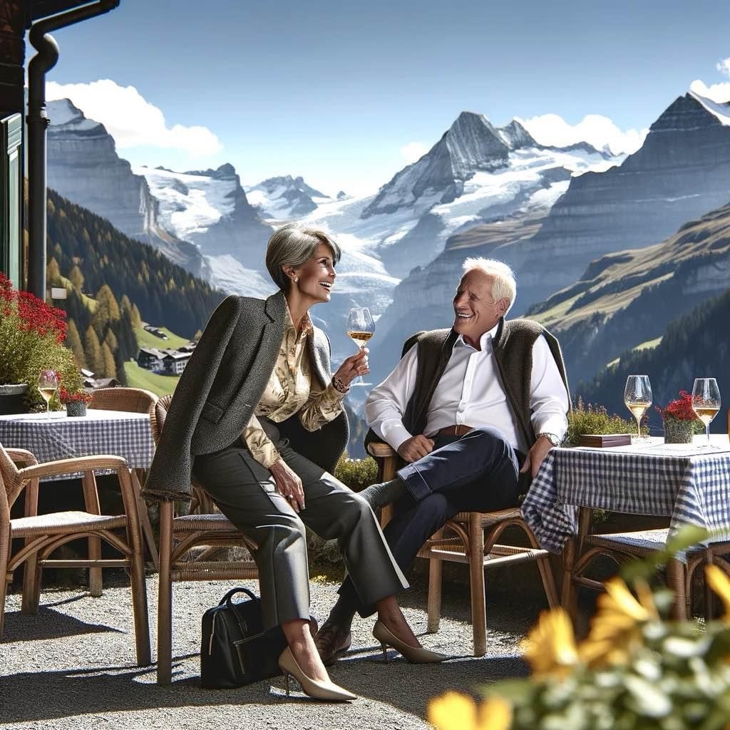 The moment by the Matterhorn has been brought to life, showcasing Kathy and her husband Doug in their elegant ensemble, enjoying the majestic view with a toast.