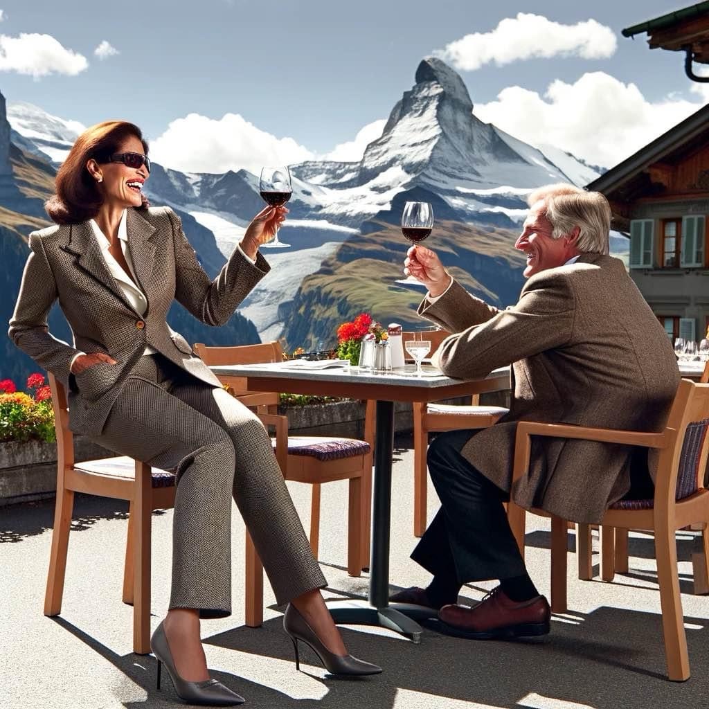 The moment by the Matterhorn has been brought to life, showcasing Kathy and her husband Doug in their elegant ensemble, enjoying the majestic view with a toast.