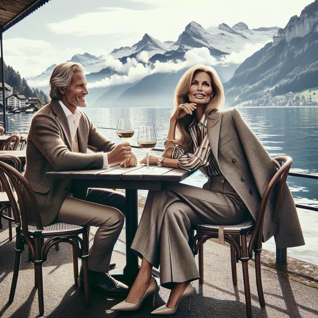The moment by Lake Zurich has been brought to life, showcasing a friend of Kathy Fields and her companion in their elegant ensemble, enjoying the majestic view with a toast.
