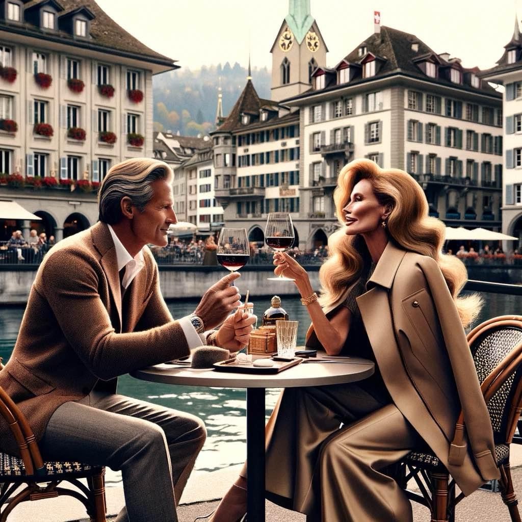 The charm of Zurich comes to life in this image, capturing Kathy Fields and her companion Doug Fields as they enjoy a moment at a café, with the city's vibrant streetscape as their backdrop.