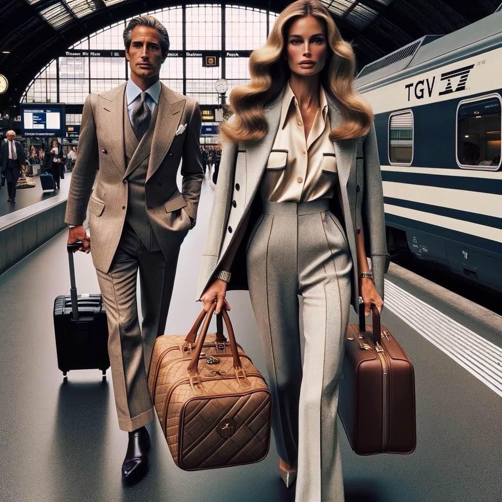 captured the moment of Kathy and Doug Fields as they embark on their stylish journey from Zurich to Paris via the TGV. Their elegance and the bustling atmosphere of the train station are vividly brought to life in this image.