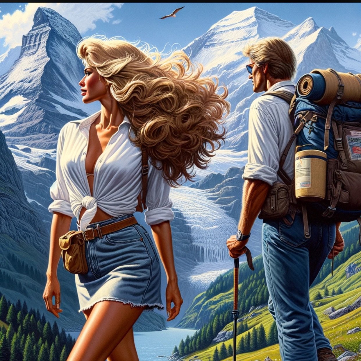 Couple hiking thru the.Swiss Alps