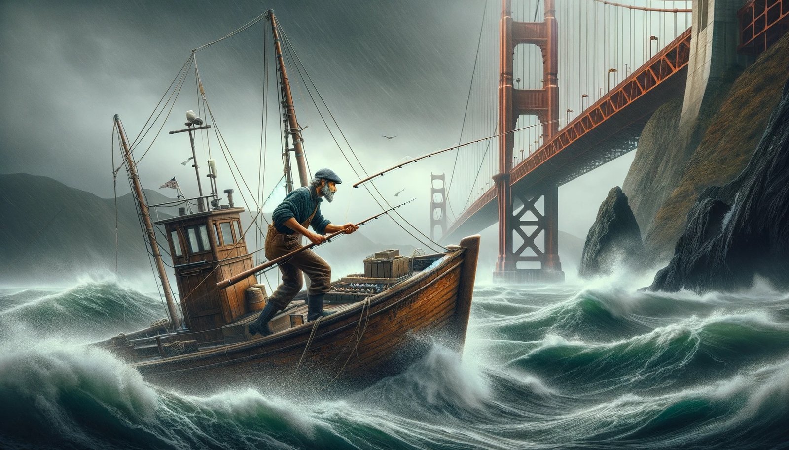 Joseph Saia fishing in stormy seas under the Golden Gate Bridge