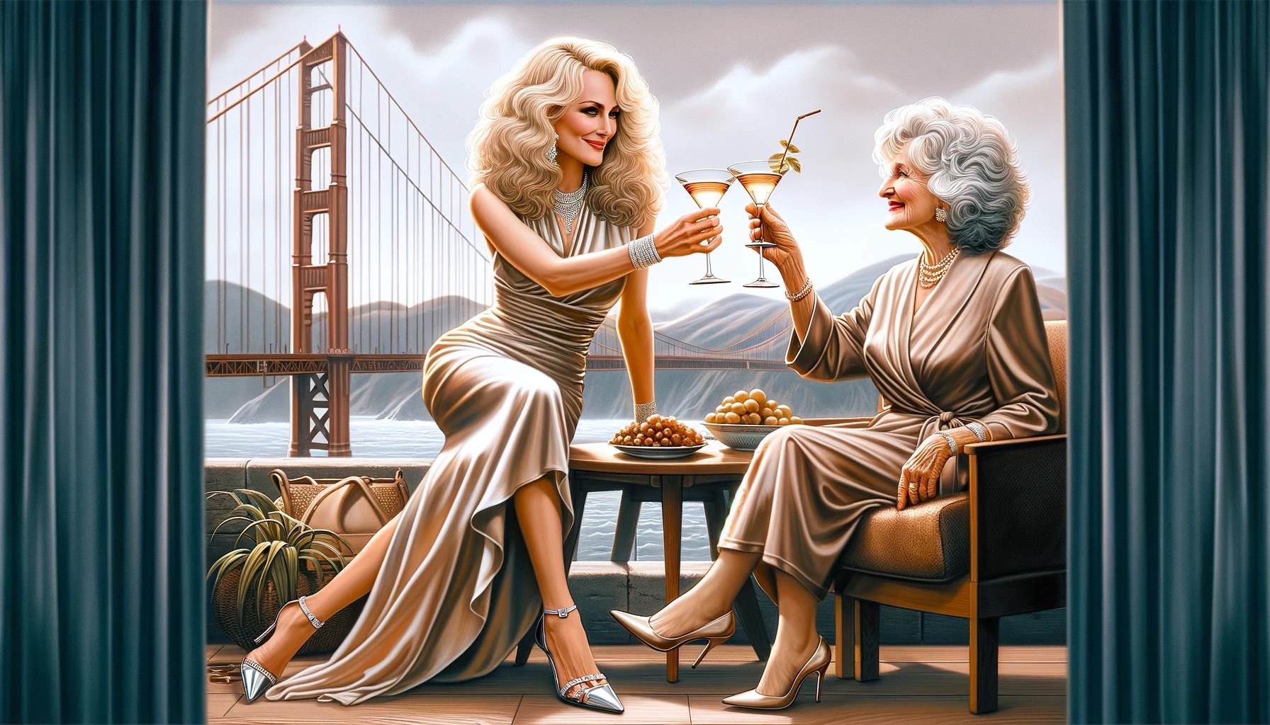 Kathy Fields and Marie Read celebrating Mother's Day in San Francisco with the Golden Gate Bridge