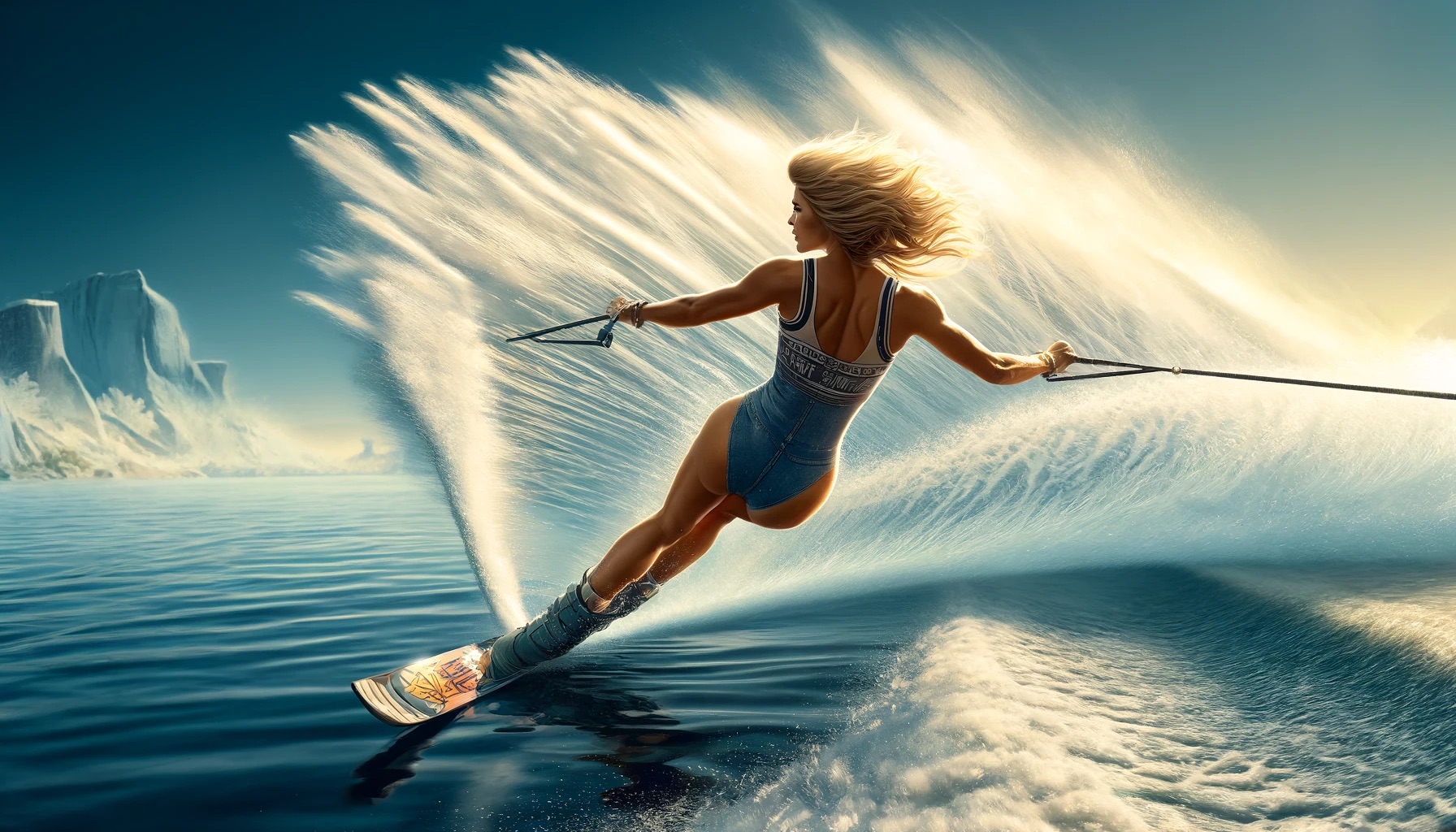 Kathy Fields water skiing on a single ski