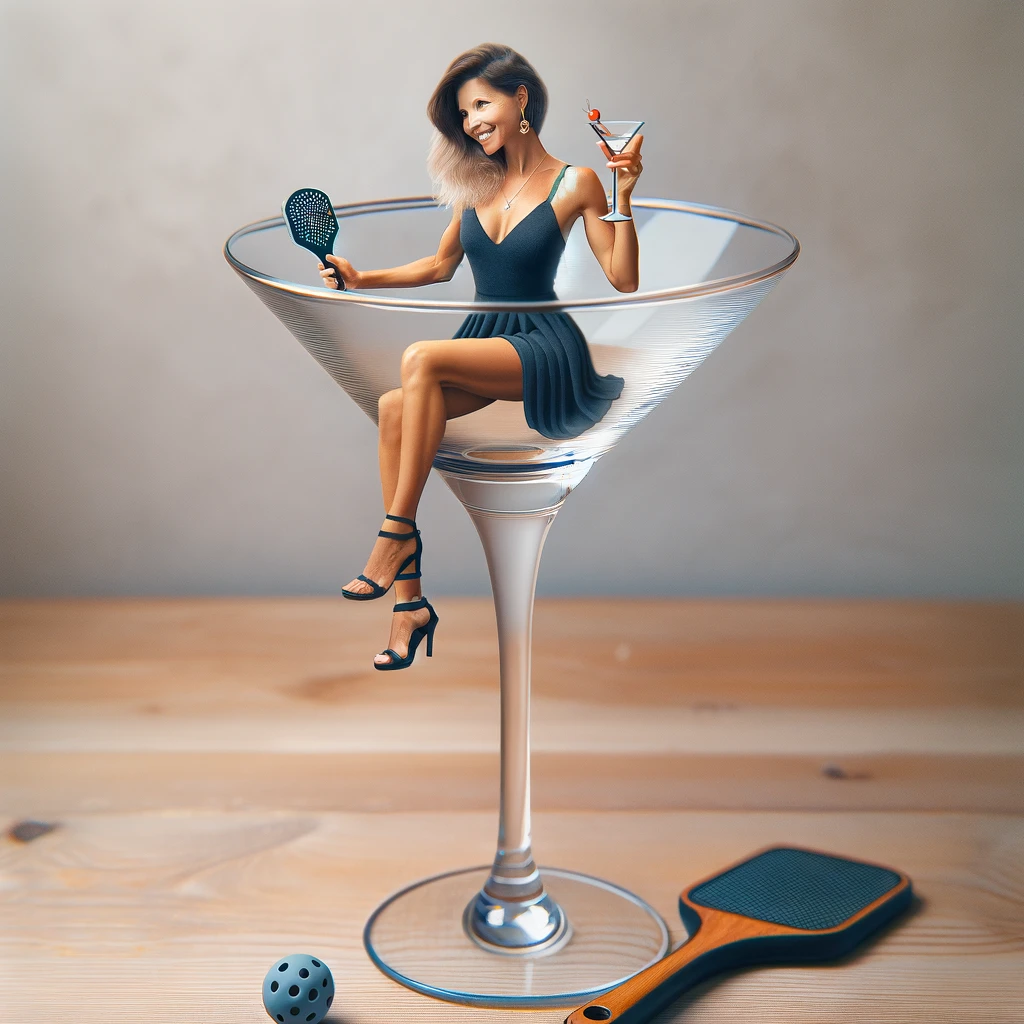 A woman wearing a pickleball dress inside the large martini glass, blending her sporty passion with a touch of whimsical sophistication #ad