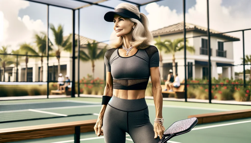 image of a 45-year-old woman on a pickleball court, fully embodying the essence of pickleball fashion.