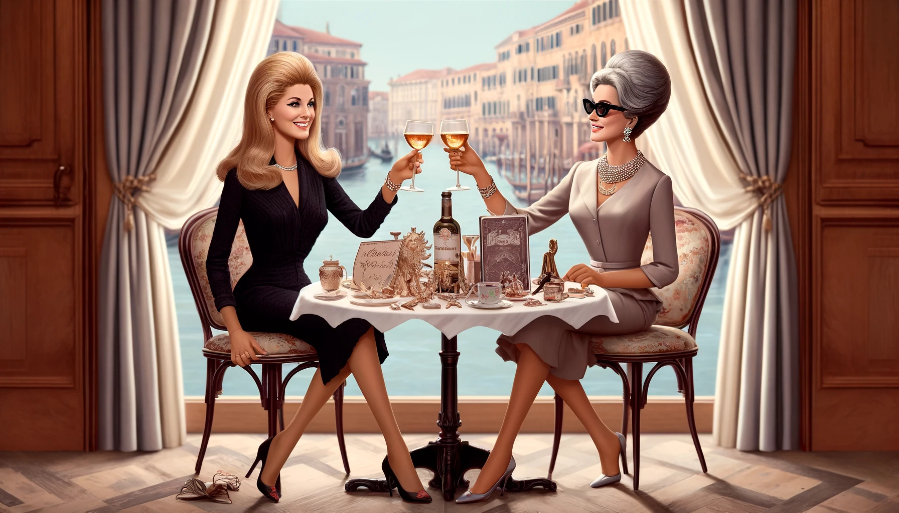 Kathy Fields and Marie Read Sai sitting at a cafe in Venice, celebrating Mother's Day. They are elegantly dressed, with Kathy and Marie . They are surrounded by personalized Italian gifts, enhancing the luxurious and festive atmosphere of their toast.