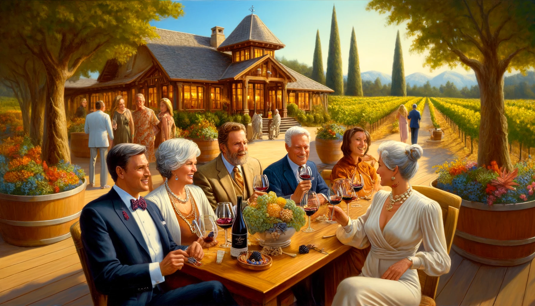 Doug, Kathy Fields, and their friends at Berghold Vineyards and Winery, surrounded by the beauty of Lodi's viticultural excellence. They're immersed in a luxurious wine tasting experience, reflecting the sophisticated lifestyle and rich wine culture of the area