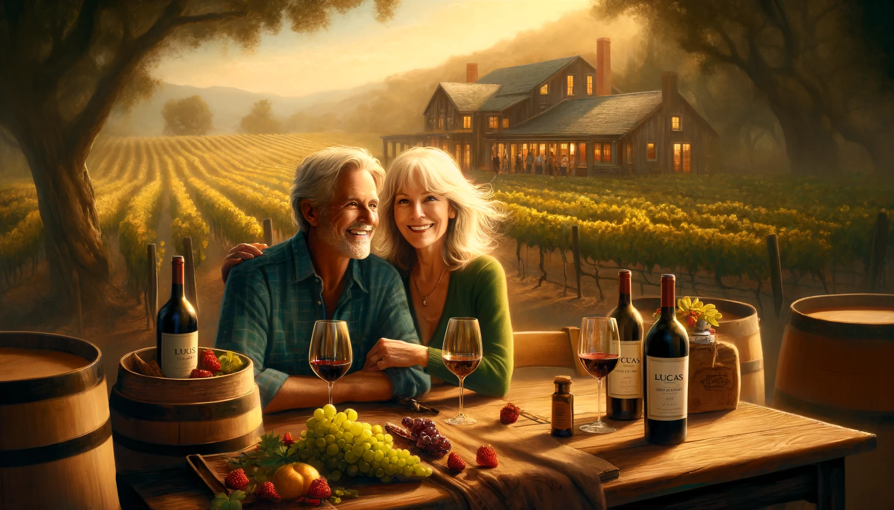 Kathy and Doug Fields enjoy a serene and intimate moment at Lucus Vineyards and Winery, surrounded by the vineyard's lush scenery and engaged in the joy of tasting its exceptional wines. This scene beautifully captures their appreciation for the vineyard's rustic charm and the hand-crafted wines that make Lucus a beloved destination.