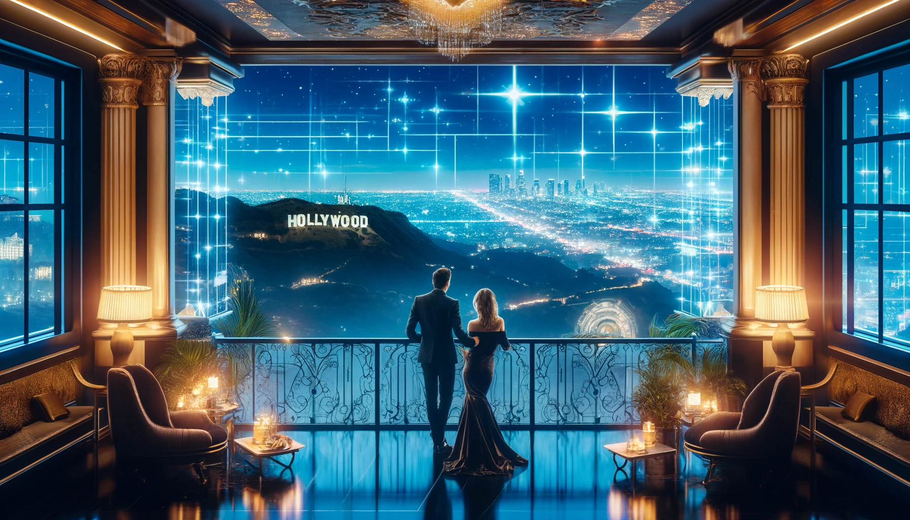 A a luxury romance novel set in the Hollywood Hills, where romance, glitz, glamour, and tech innovation all come together. This scene captures a moment that embodies the essence of ambition and elegance, set against the backdrop of Hollywood's iconic landscape.