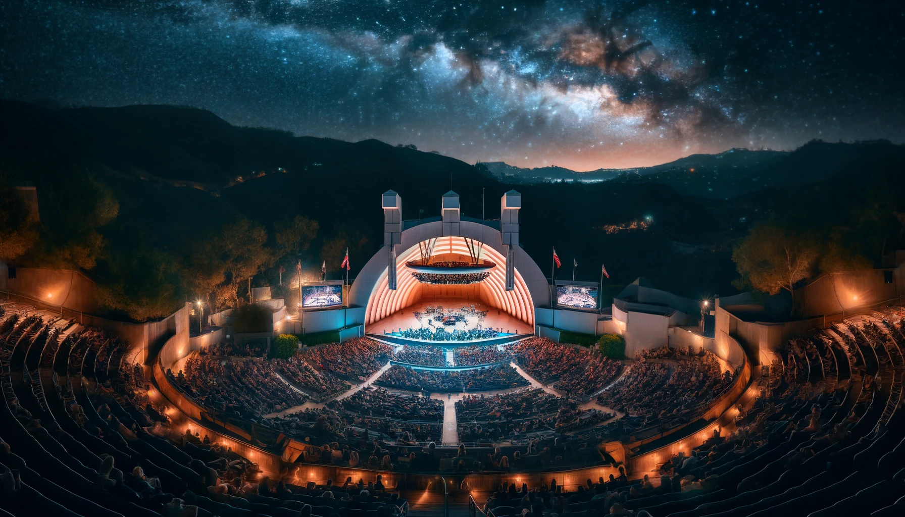  the iconic Hollywood Bowl, illuminated under a starlit sky. This scene reflects the amphitheater's legacy as a venue for unforgettable musical performances, surrounded by the beauty of the Hollywood Hills, echoing the timeless essence of music and history combined.