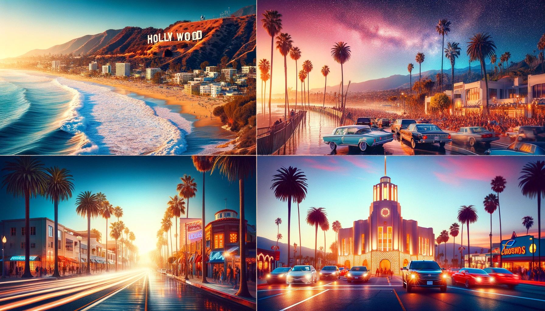  the classic charm and distinctive allure of Southern California's iconic cities: Hollywood, Beverly Hills, Malibu, and Santa Monica. It encapsulates the sparkling shores, palm-lined roads, breezy esplanades, and the unmistakable glamour that these locations are celebrated for, all under the golden California sun.