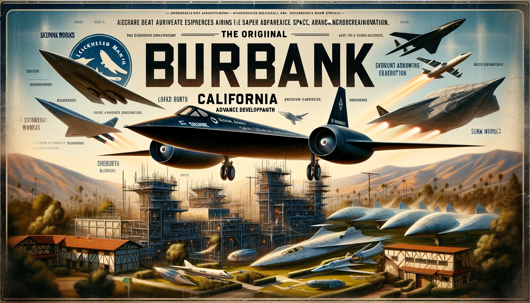 the essence of Burbank as the birthplace of the original Skunk Works, showcasing the pioneering spirit of aerospace innovation. It juxtaposes historical aircraft with futuristic spacecraft designs, embodying the legacy and future aspirations of aerospace exploration inspired by this iconic engineering divisio