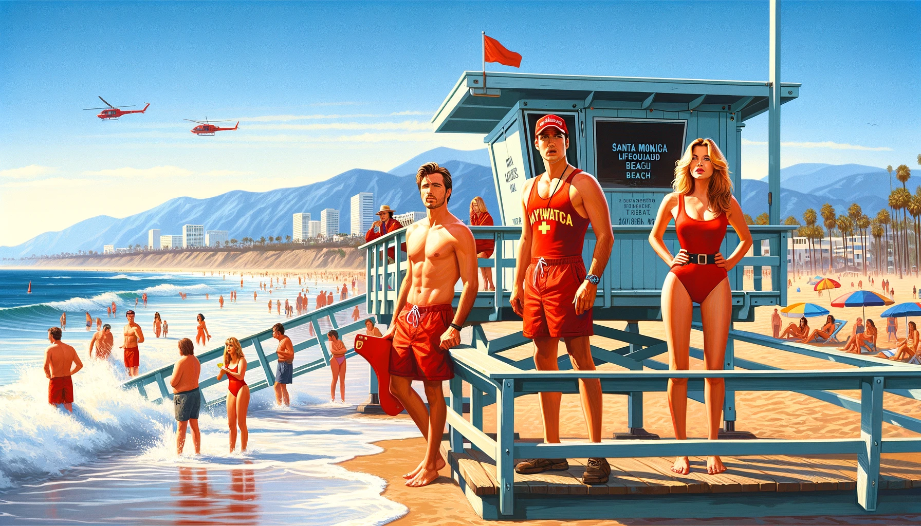  Santa Monica Beach, complete with the iconic lifeguard tower and Baywatch lifeguards, capturing the vibrant and dedicated atmosphere of one of California's most beloved beaches. The scene vividly brings to life a sunny day at the beach, where the lifeguards, in their iconic red swimsuits, ensure the safety and enjoyment of all beachgoer. #adv