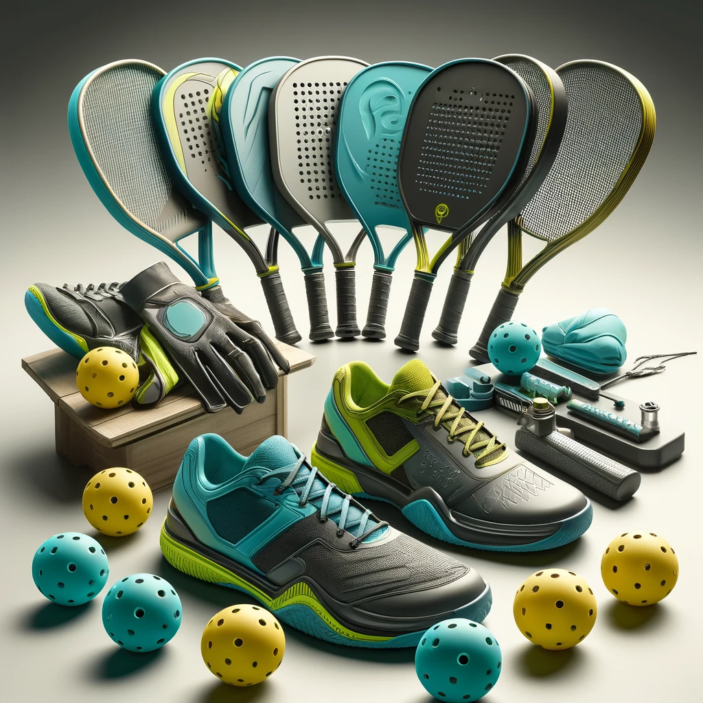 a collection of pickleball equipment, including shoes, balls, gloves, and paddles, all arranged to showcase their quality and design #ad