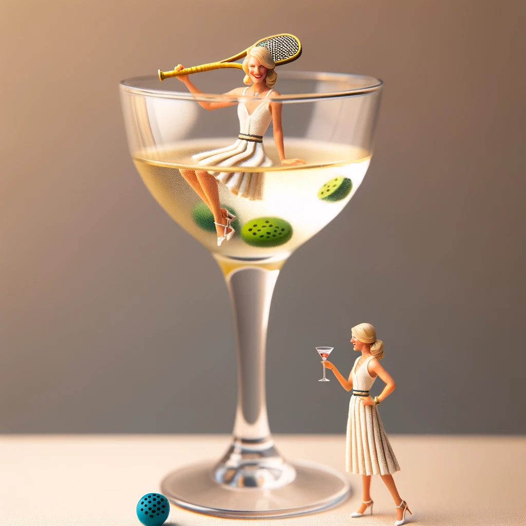 woman sporting a blonde ponytail and dressed in a pickleball outfit, all while elegantly posed inside a large martini glass #ad