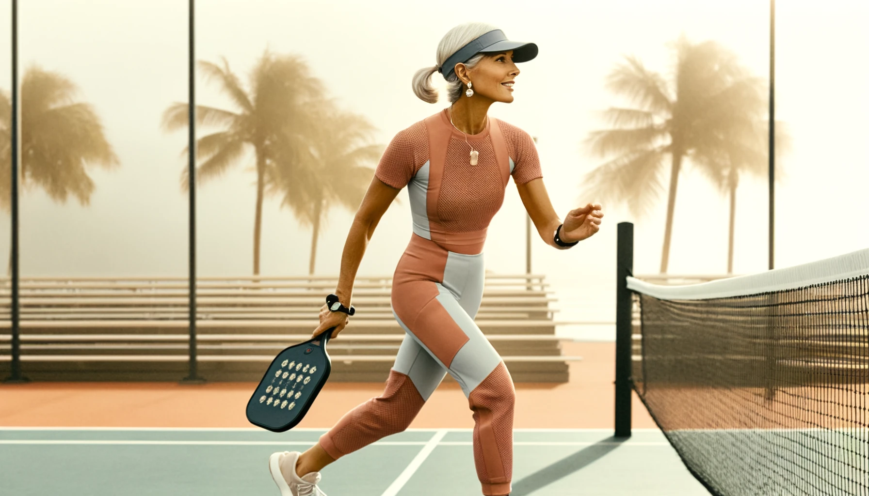 of Kathy Fields on the pickleball court, showcasing her in athletic attire that combines style with functionality, against the vibrant backdrop of a sunny, palm-strewn court