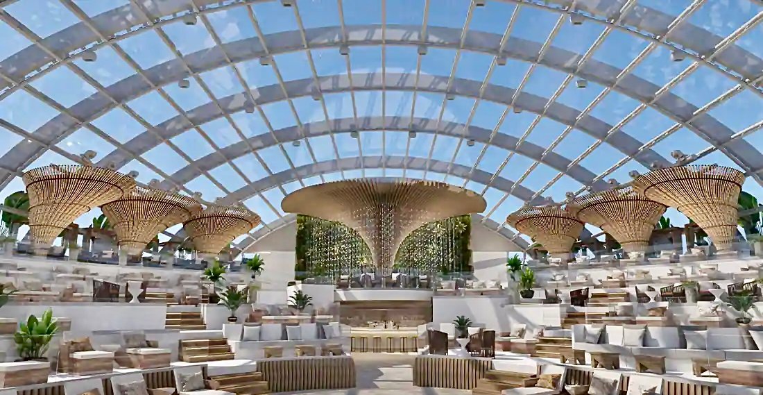 The Dome presents itself as a multi-level covered deck with the first fully glazed dome ever built on a cruise ship.