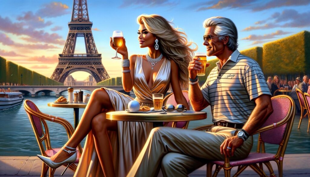 a lovely moment of Kathy and Doug Fields at a Parisian cafe, with Kathy's elegance in her designer outfit and Doug's sophisticated casual look complementing the romantic atmosphere of Paris. Their shared glance towards the Eiffel Tower, amidst their intimate setting, tells a story of love, style, and the beauty of shared experiences.