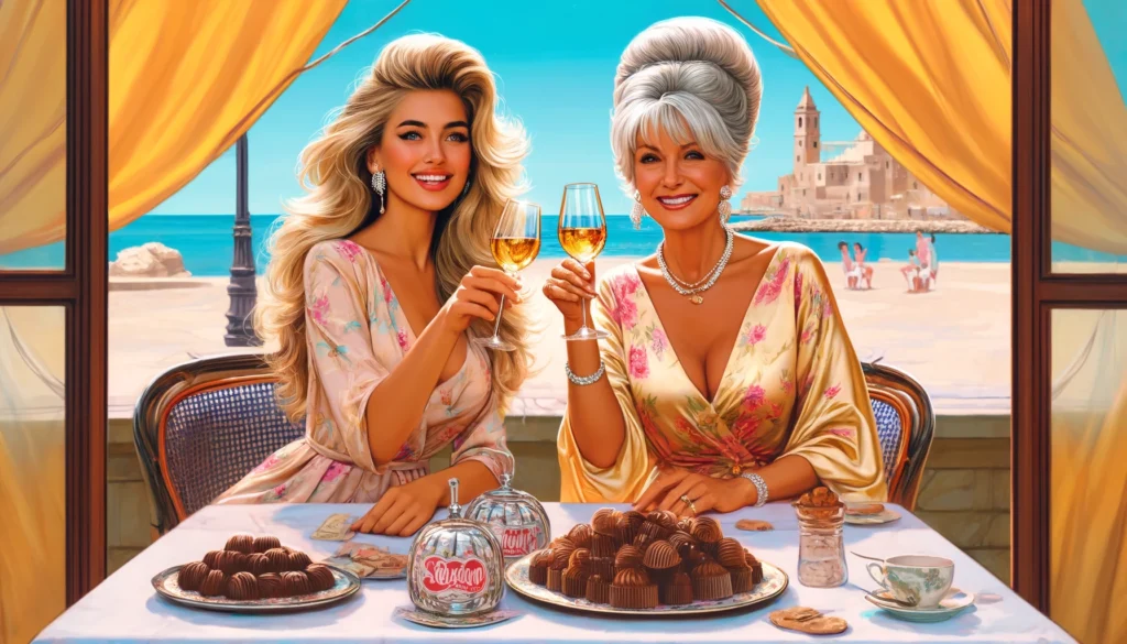 Kathy Fields and her mother, Marie Read Saia, celebrating Mother's Day at a Sicilian cafe on the beach. They are toasting with Sicilian wine and surrounded by chocolates