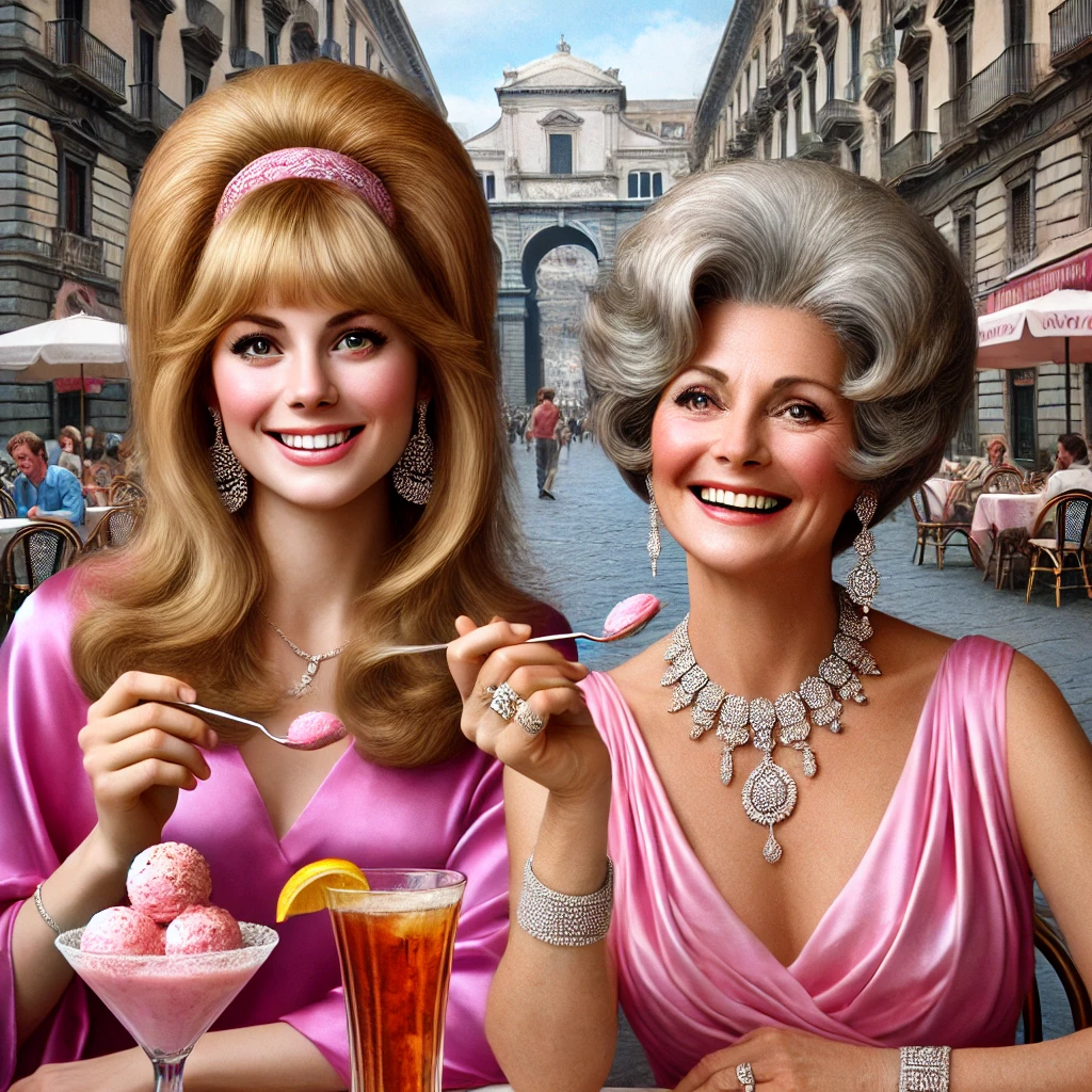 Kathy Fields and her mother Marie Read Saia enjoying gelato and drinks at a café in Naples, Italy
