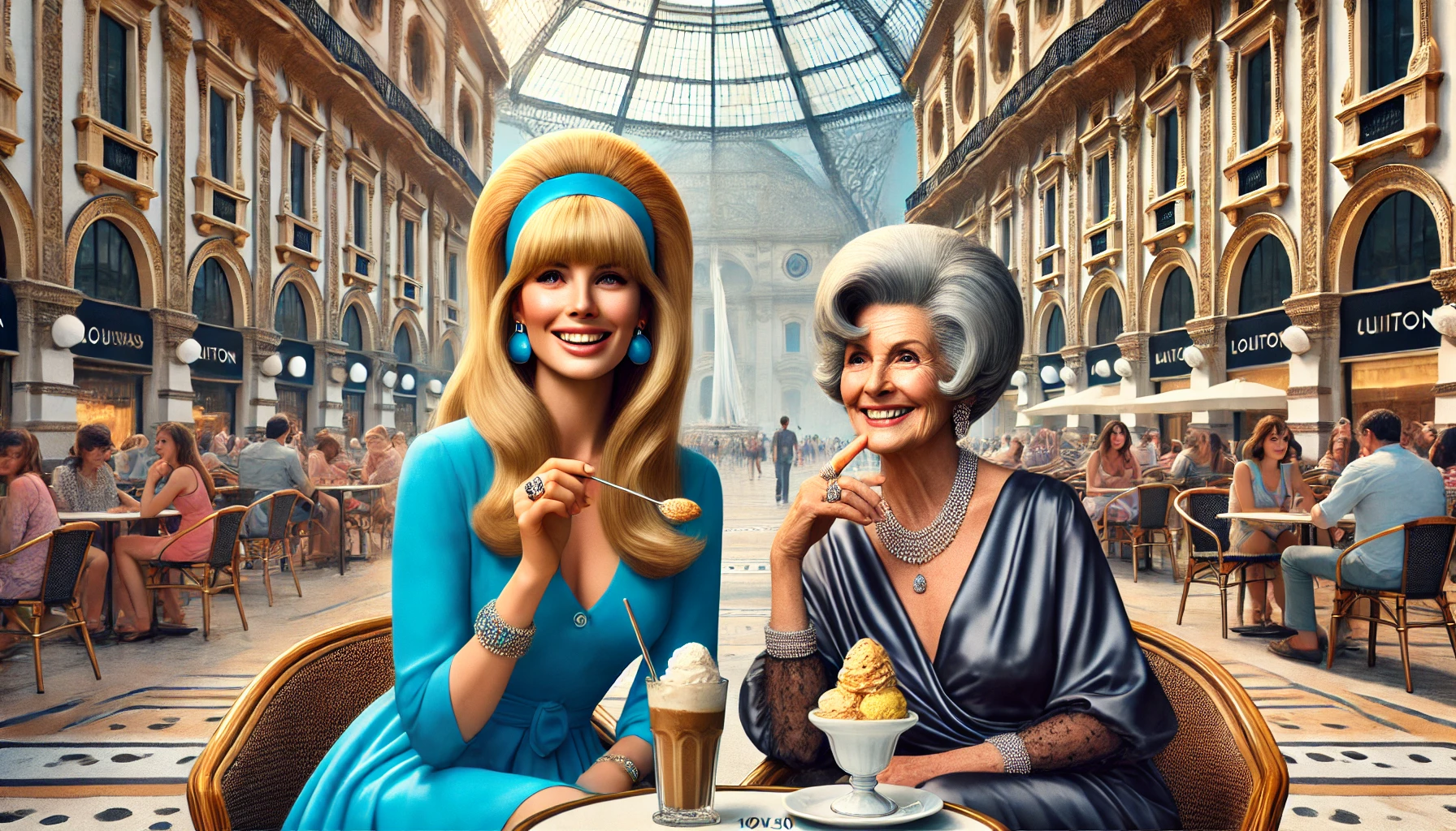 Kathy Fields and her mother Marie Read Saia, both sitting down with big smiles and enjoying gelato and drinks at a café in Milan, Italy. The backdrop captures the iconic Cathedral 'Duomo' and the glass shopping mall 'Galleria Vittorio Emanuele II'