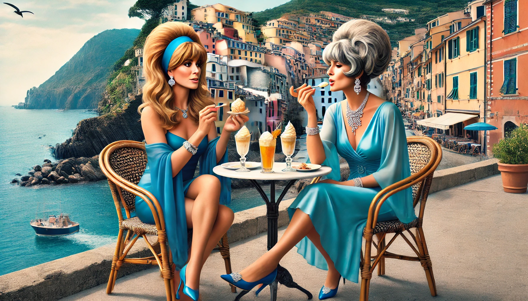 Kathy Fields and her mother Marie Read Saia enjoying gelato and drinks at a café in Cefalù, Italy
