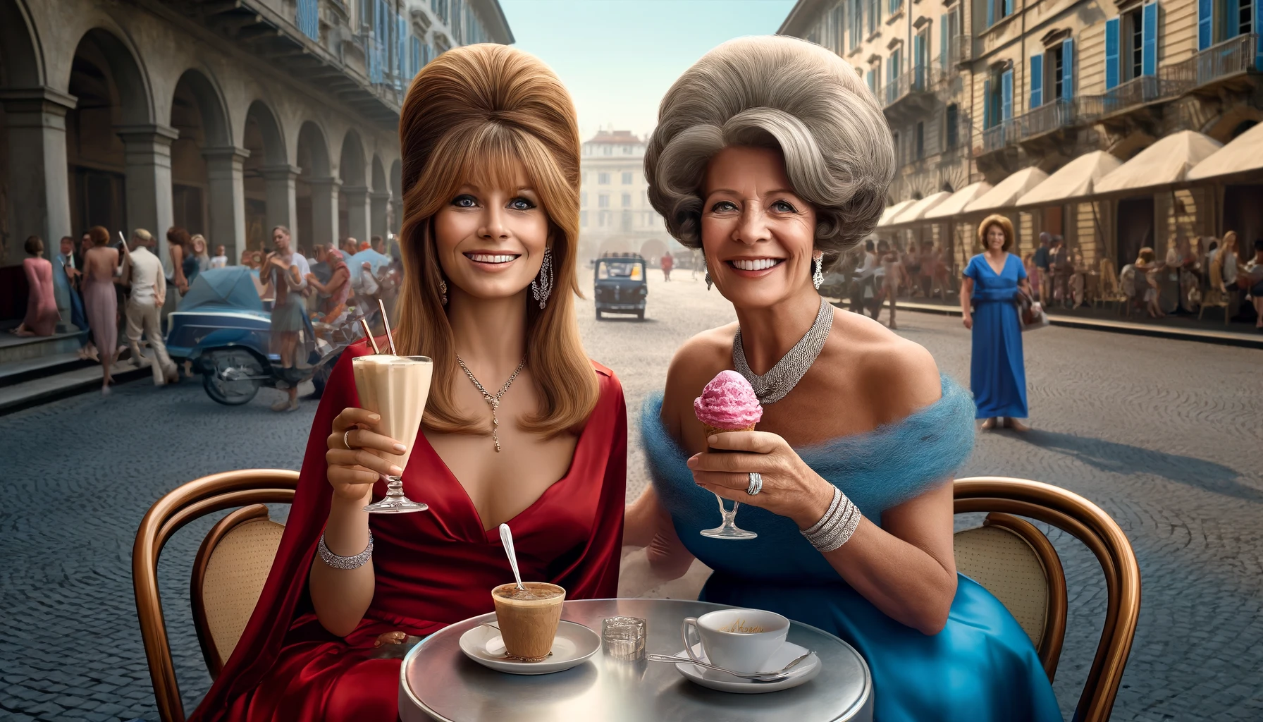 Kathy Fields and her mother Marie Read Saia enjoying gelato and drinks at a café in Torino