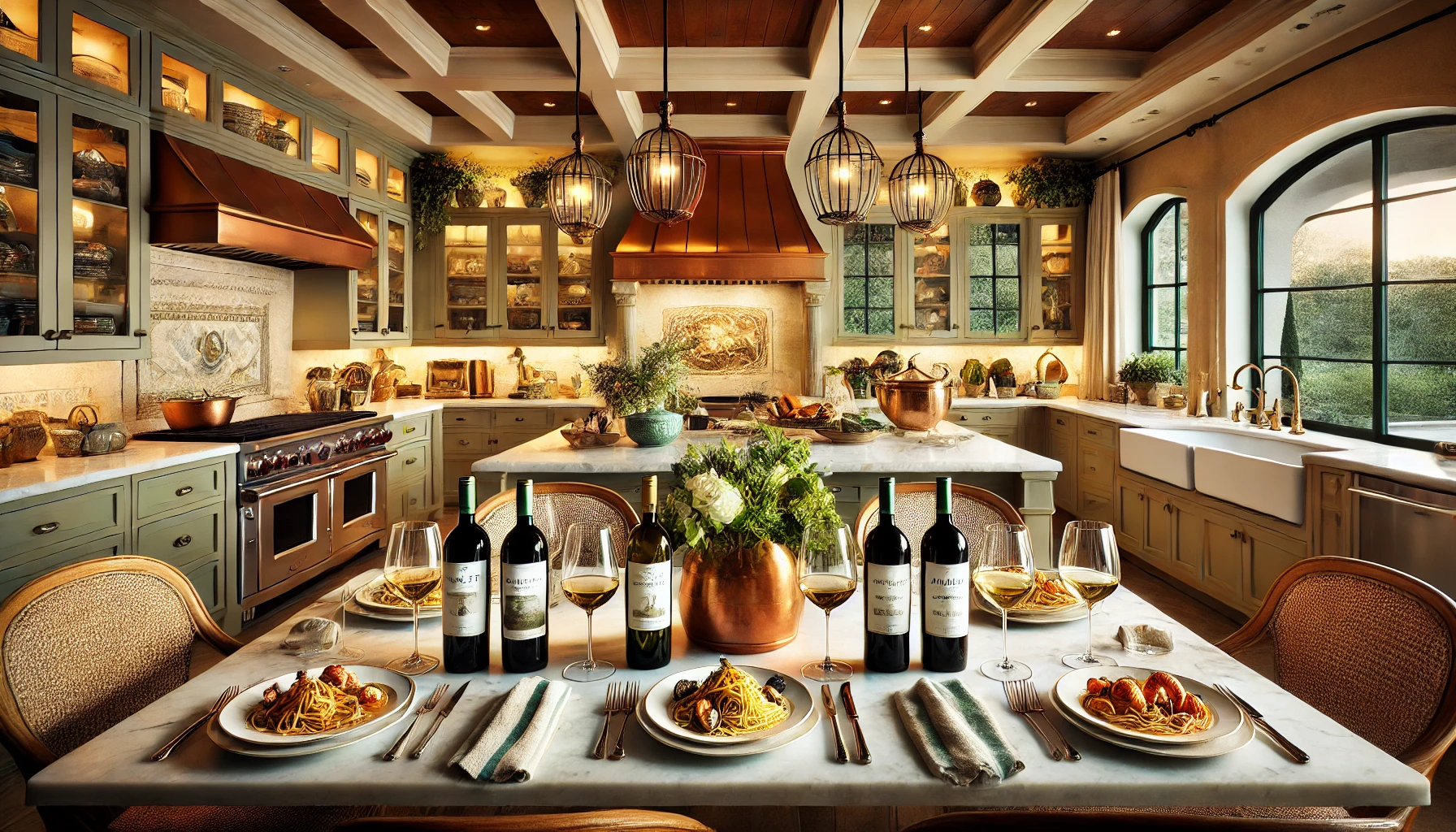 "Amalfi Wines" and seafood dishes set in Kathy Fields' beautifully designed California kitchen 