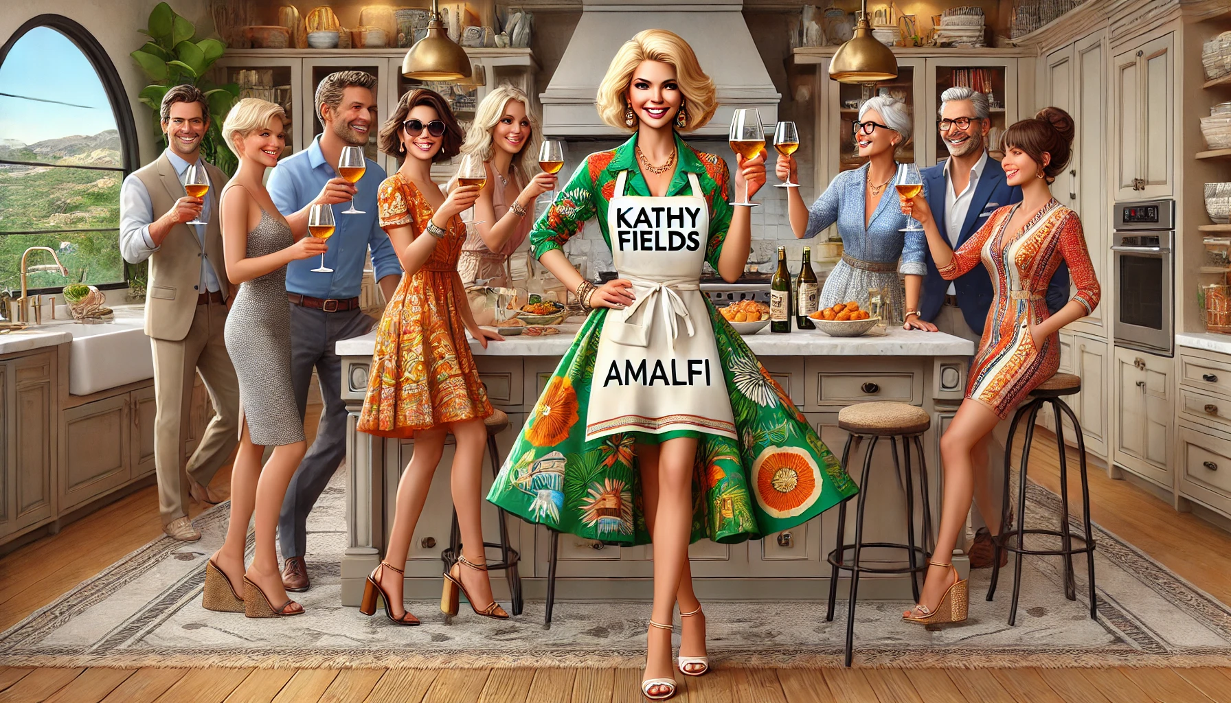 Kathy Fields wearing a stylish apron with the text "Kathy Fields Amalfi," along with her influencers in her custom California kitchen with Italian influences. 