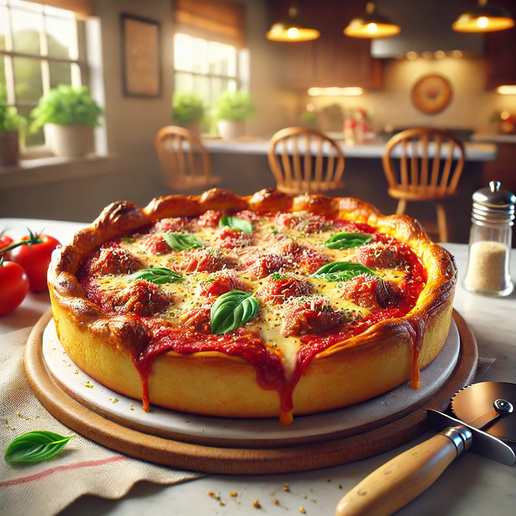 elicious Chicago-style deep dish pizza, complete with a thick, golden crust, layers of gooey cheese, rich tomato sauce, and chunks of Italian sausage.