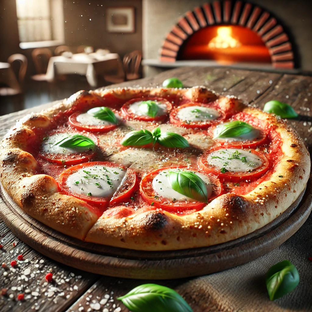 n authentic Naples Margherita pizza, with a thin, slightly charred crust, fresh tomato sauce, creamy mozzarella cheese, and fresh basil leaves