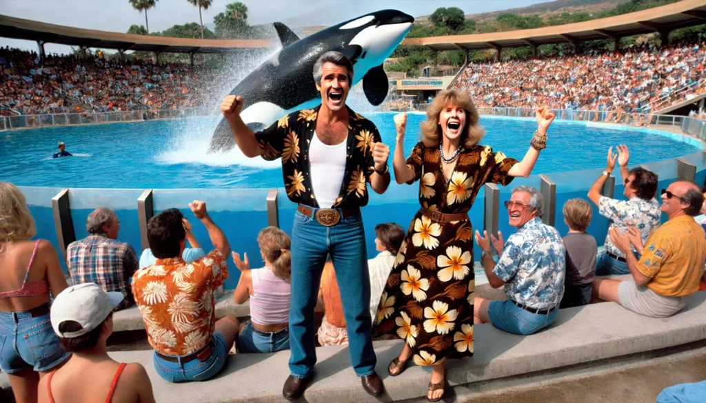 Tourist are enjoying the excitement as a giant Orca whale jumps out of the pool