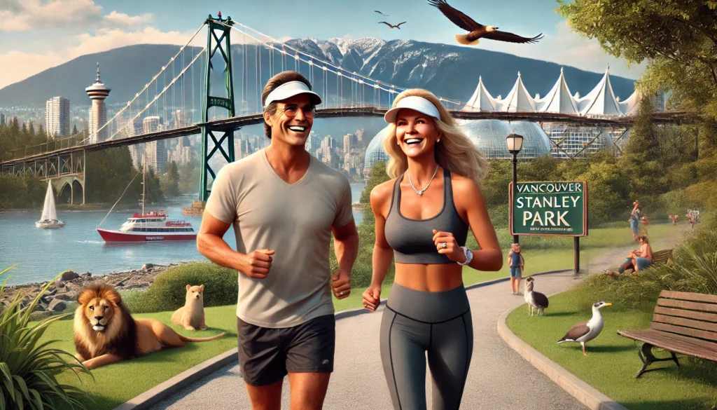 oug-and-Kathy-Fields-jogging-in-Vancouvers-Stanley-Park-with-Lions-Gate-Bridge-and-Canadian-mountains-in-the-background.-