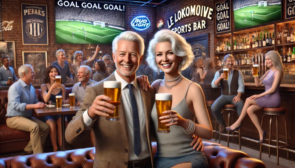 Doug and Kathy Fields celebrating at Le Lokomotive sports bar. The bar is wild with excitement, and TV screens display "Goal Goal Goal!" K