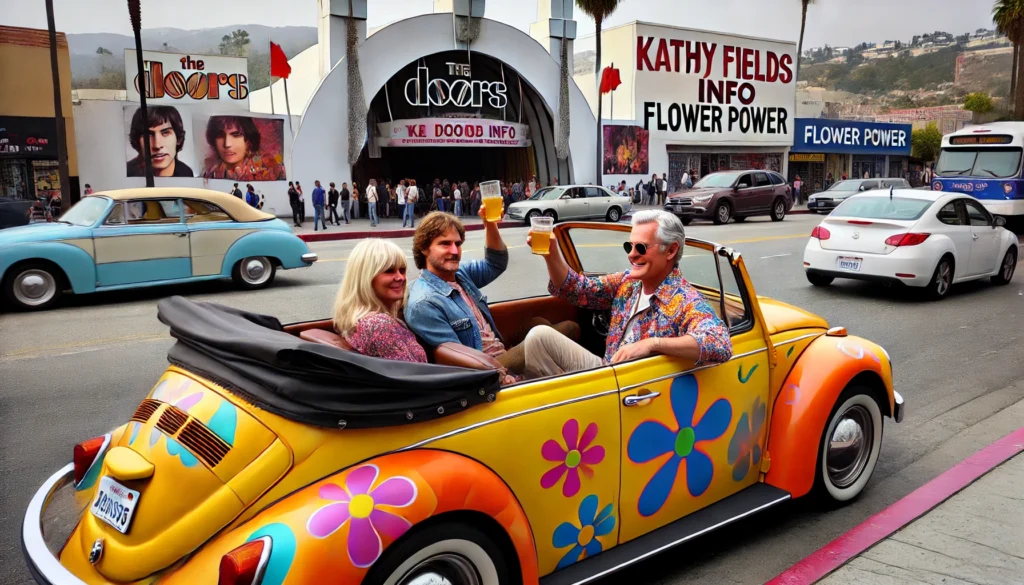 Doug and Kathy Fields, enjoying a late 60s vibe on Sunset Blvd in their psychedelic VW convertible.