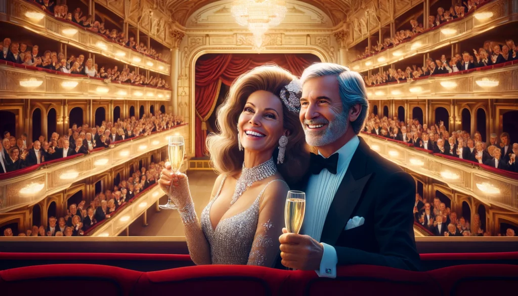 image of Kathy and Doug at The Royal Opera House, surrounded by a full house where everyone is toasting with champagne. The atmosphere is lively and elegant, capturing the joy of the evening, with a "Royal Opera House" 