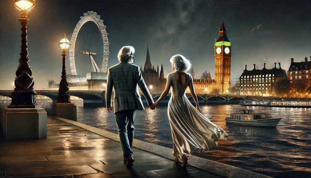 Kathy and Doug walking along the Thames at night, with the iconic London landmarks in the background