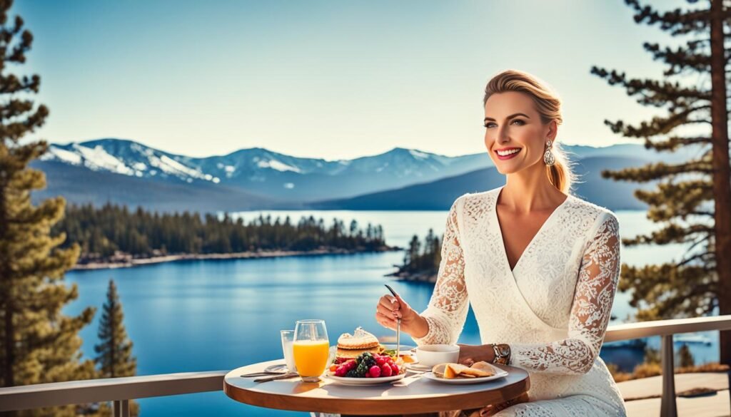 Elegant breakfast outfit in Tahoe