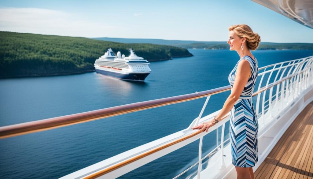 Elegant woman enjoying the views of Halifax from a luxury cruise ship